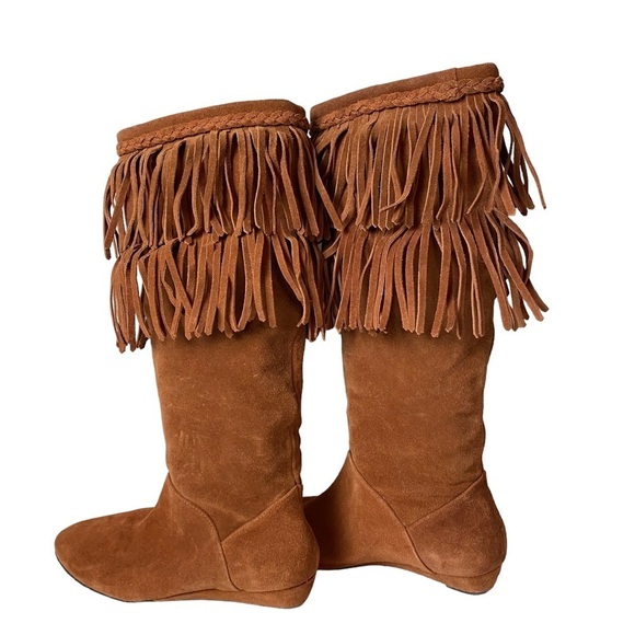 Gianni Bini women’s cognac suede fringe flat wedge ankle pull on boots sz 6.5 M - Picture 1 of 9